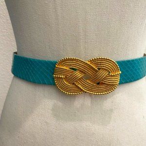 Vintage Signed Designer Snakeskin Belt with Gold Tone Love Knot Belt Buckle